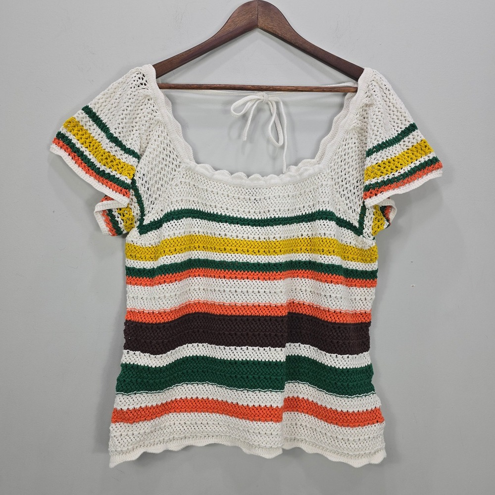 Torrid Crochet Top Blouse 3 Multicolor Open Knit Striped Short Sleeve Flutter‎